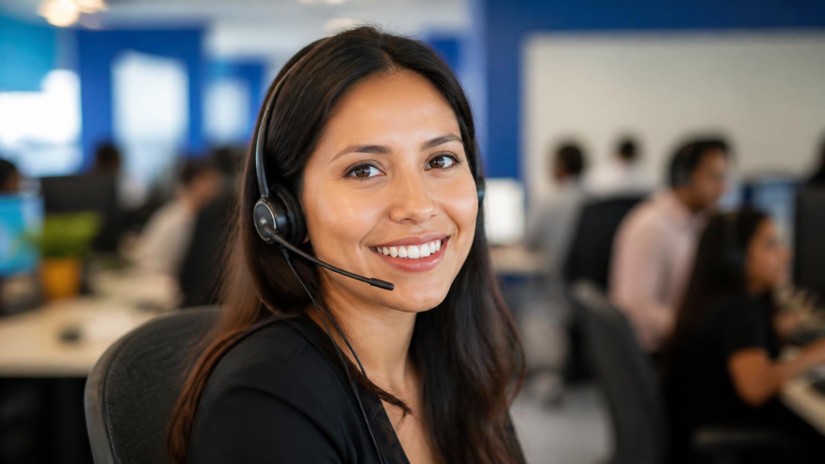 Professional bilingual call center agent with headset smiling