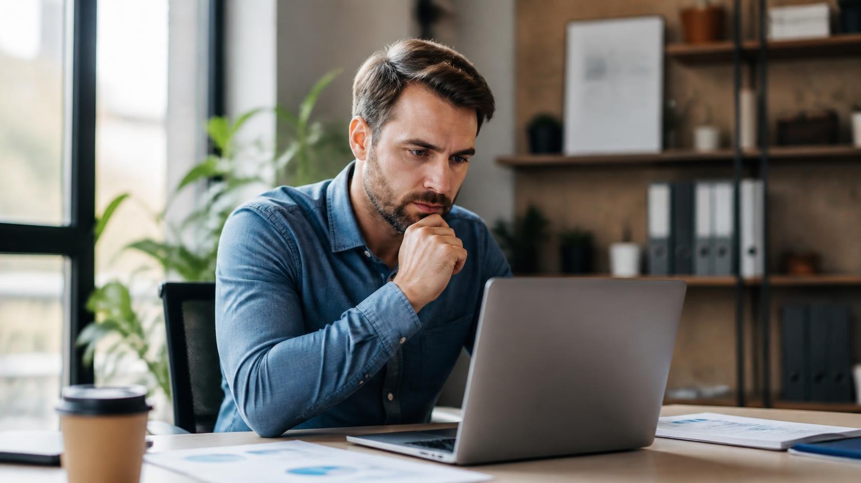 Business owner thoughtfully reviewing call metrics
