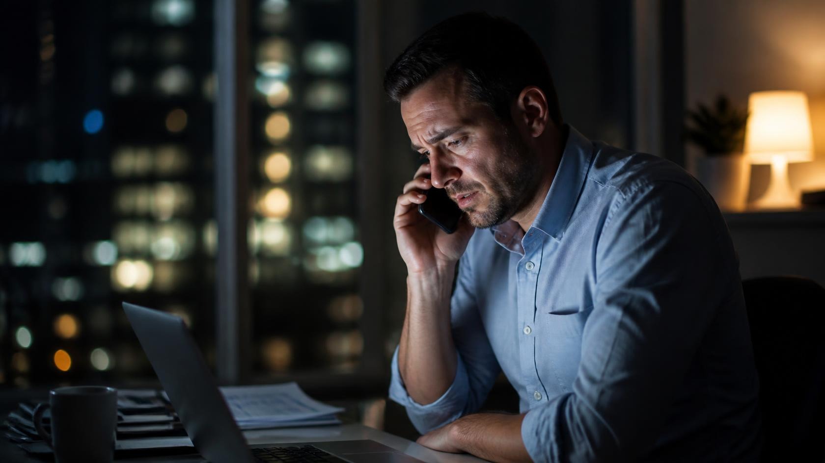 Stressed after-hours caller on phone at night