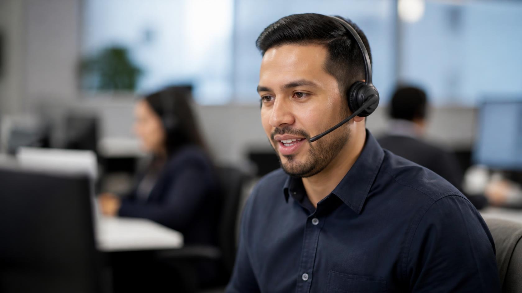 Live bilingual call center agent mid-conversation with headset