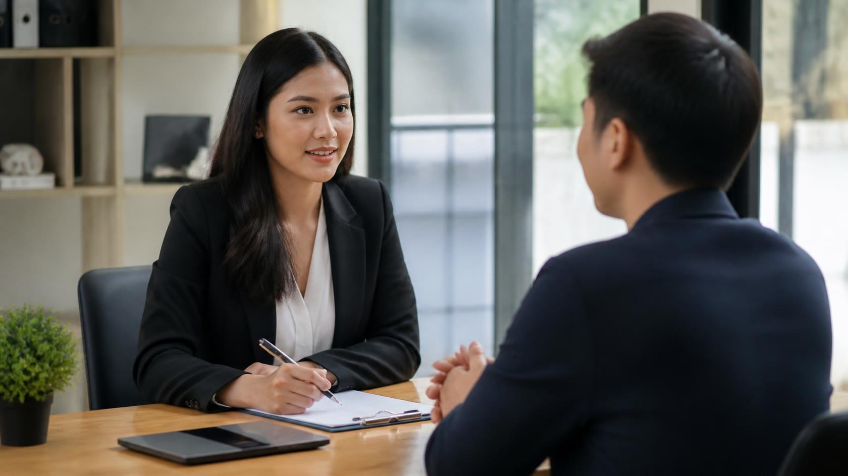 Business owner interviewing answering service vendor with checklist