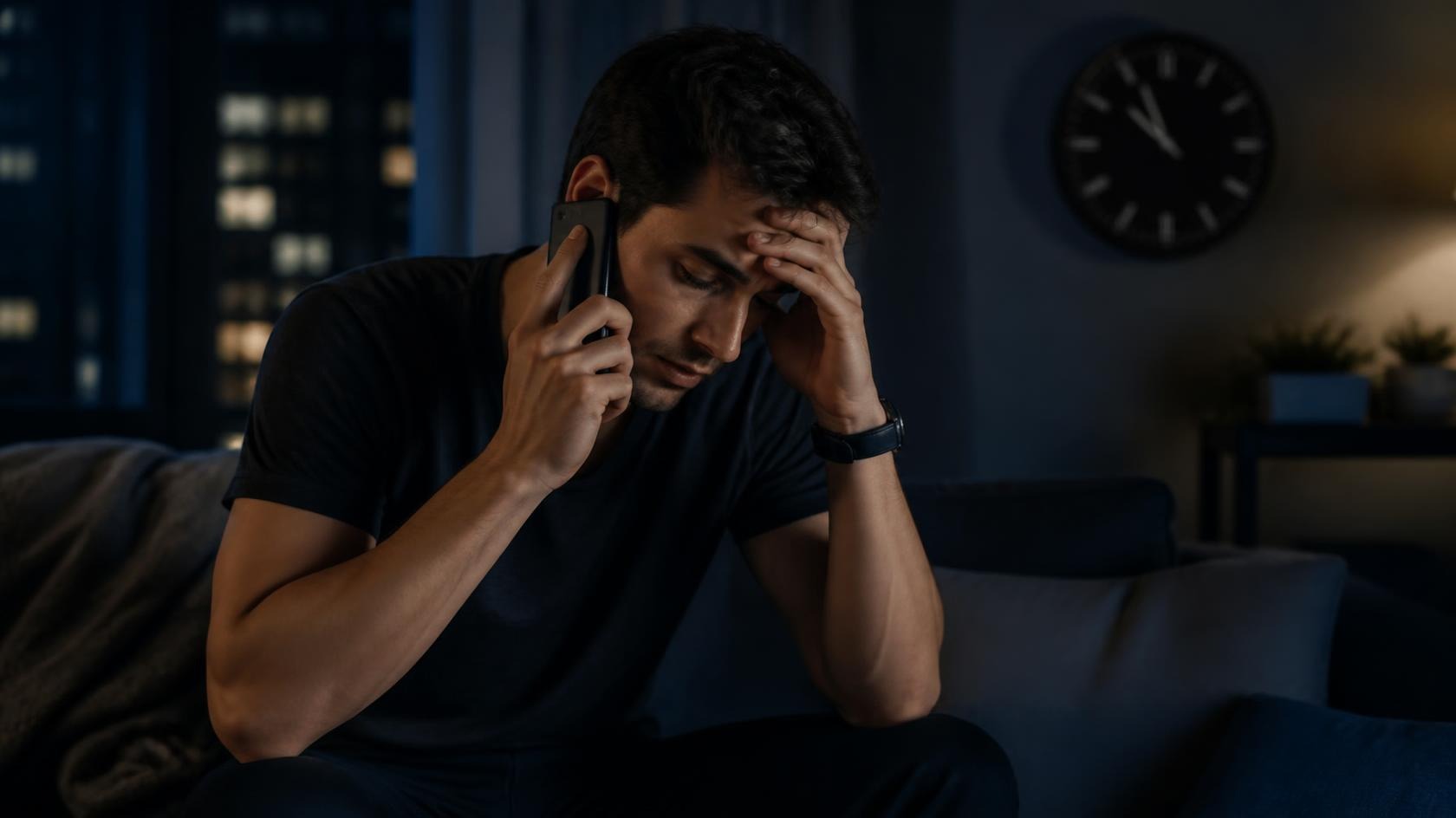 Frustrated resident listening to voicemail at night