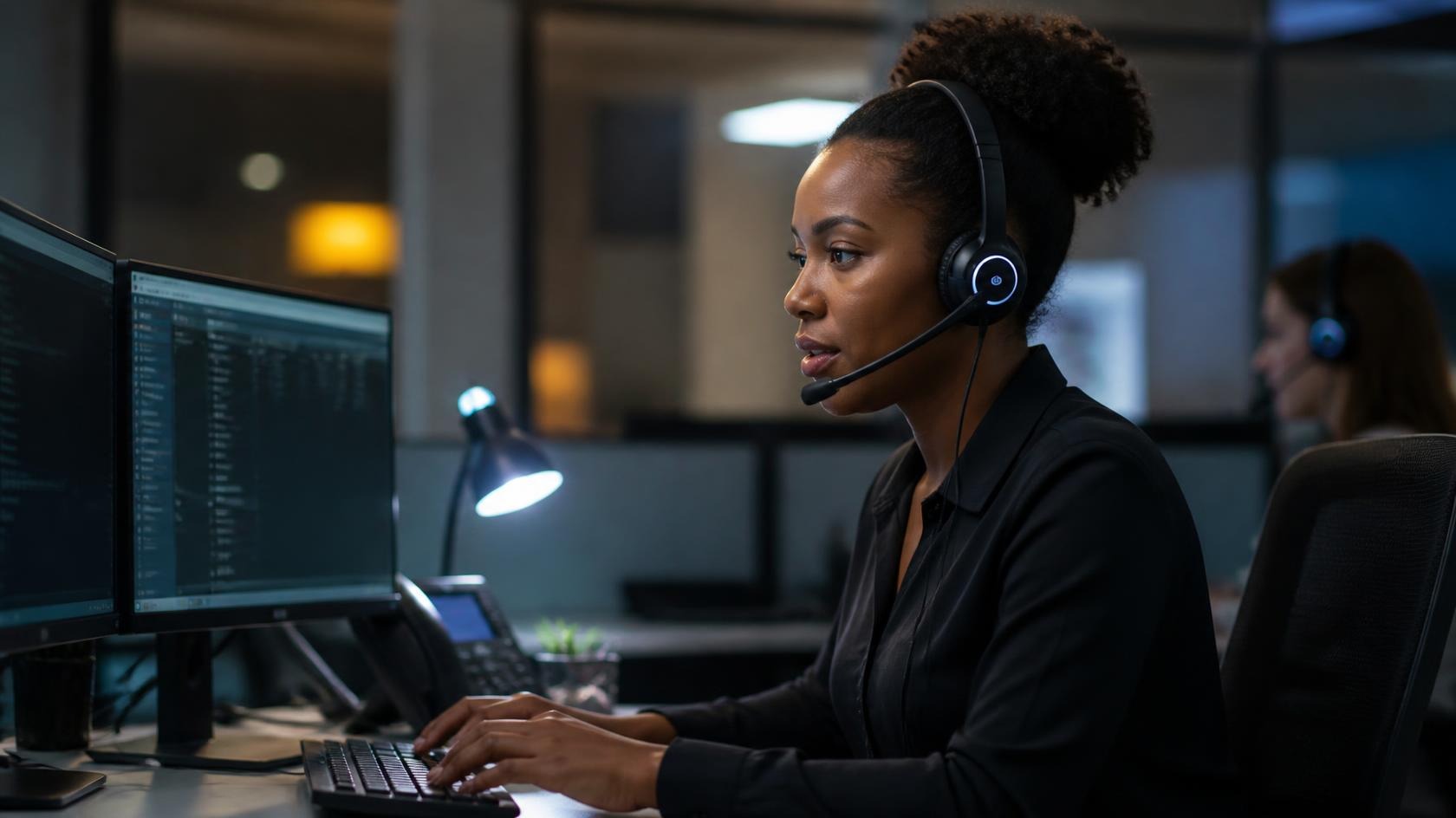 Live call center agent with headset dispatching maintenance
