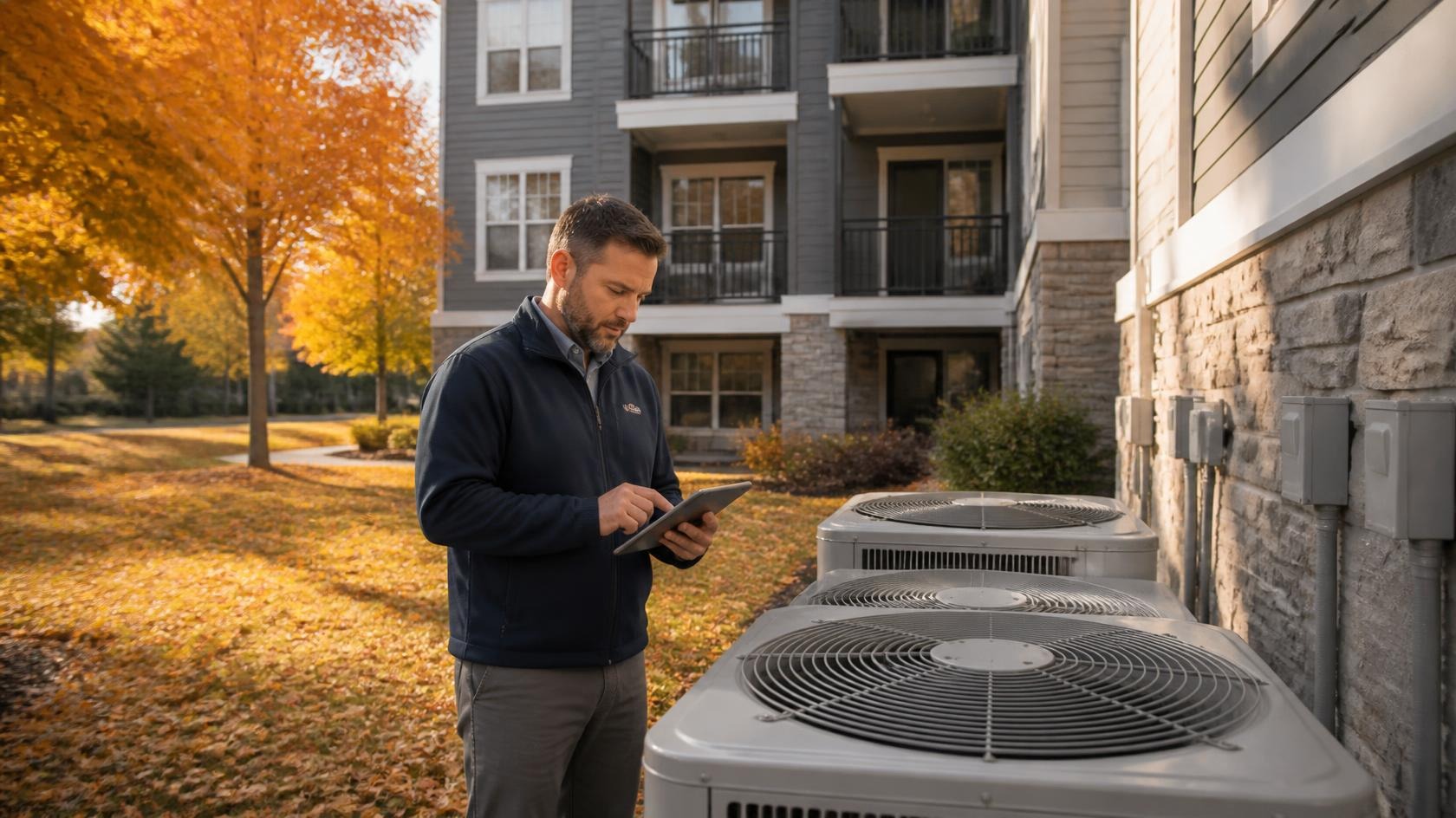 Property manager preparing multifamily building for winter in fall
