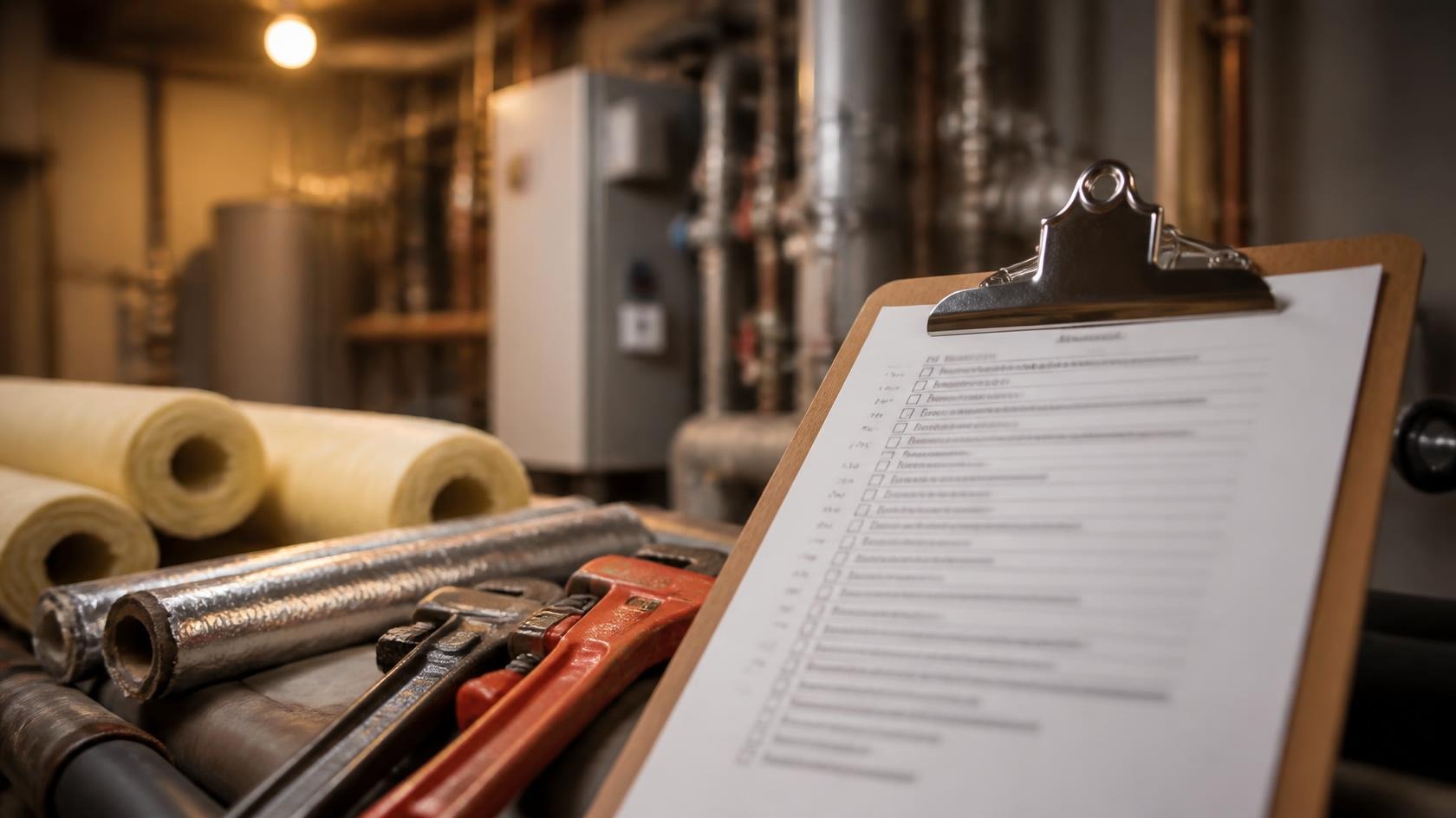 Pre-winter maintenance checklist on clipboard at property