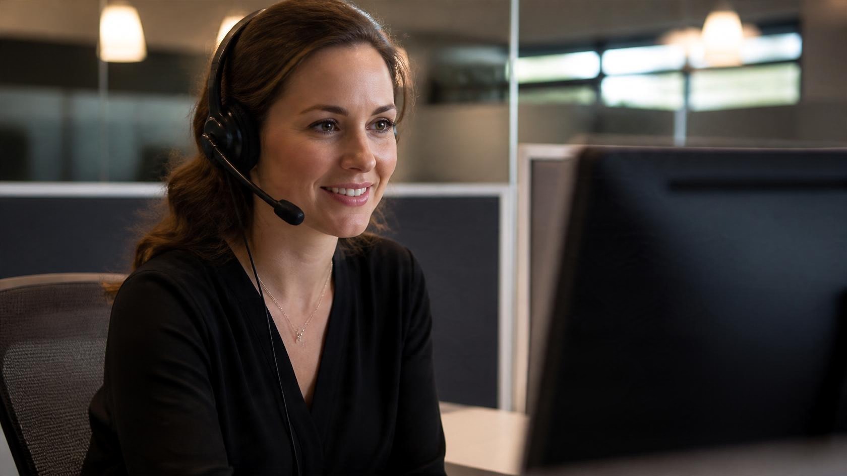 Answering service agent with headset taking a call from a medical office Answering service agent with headset taking a call from a medical office