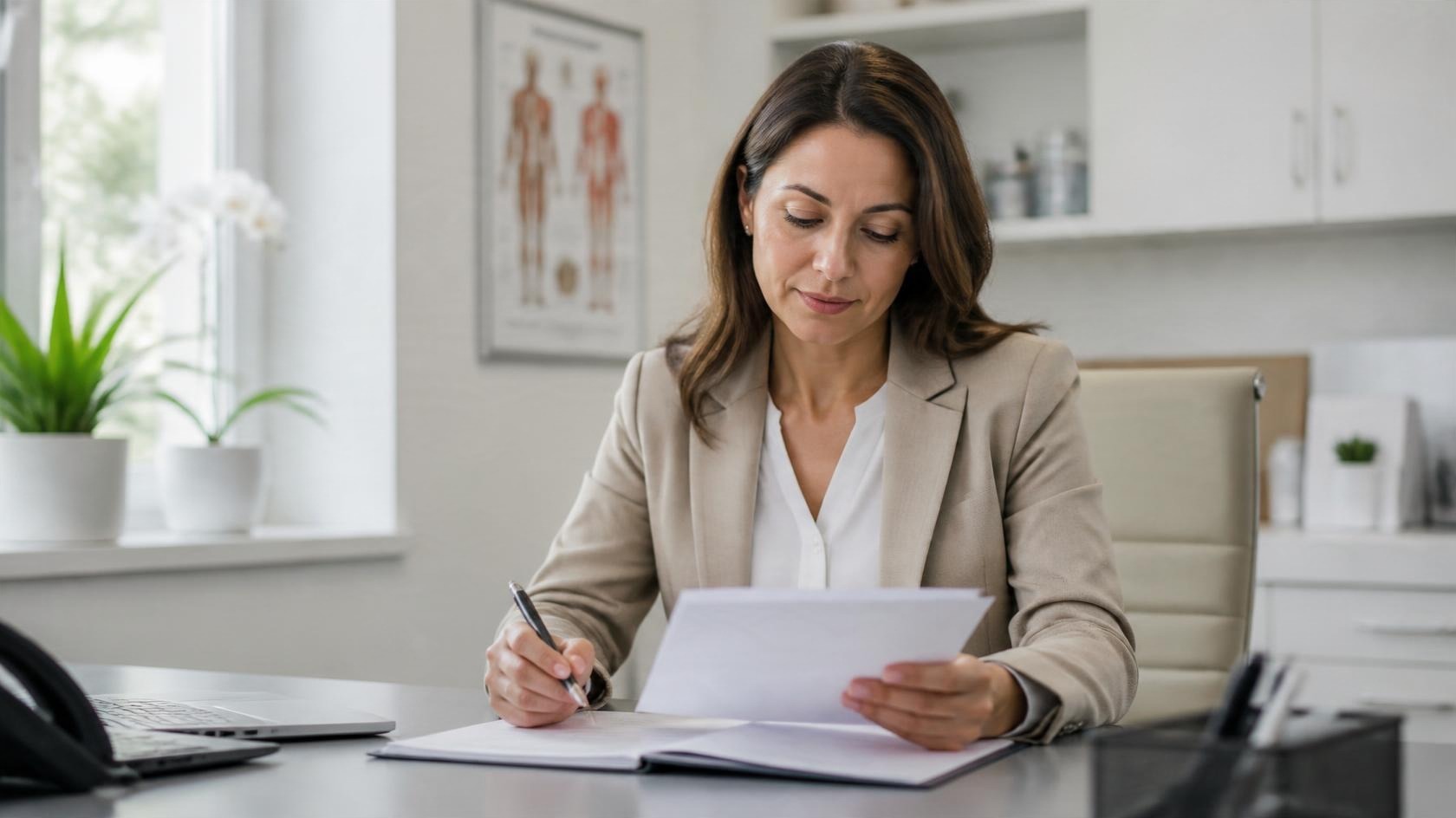 Medical practice manager reviewing an agreement at her desk Medical practice manager reviewing an agreement at her desk