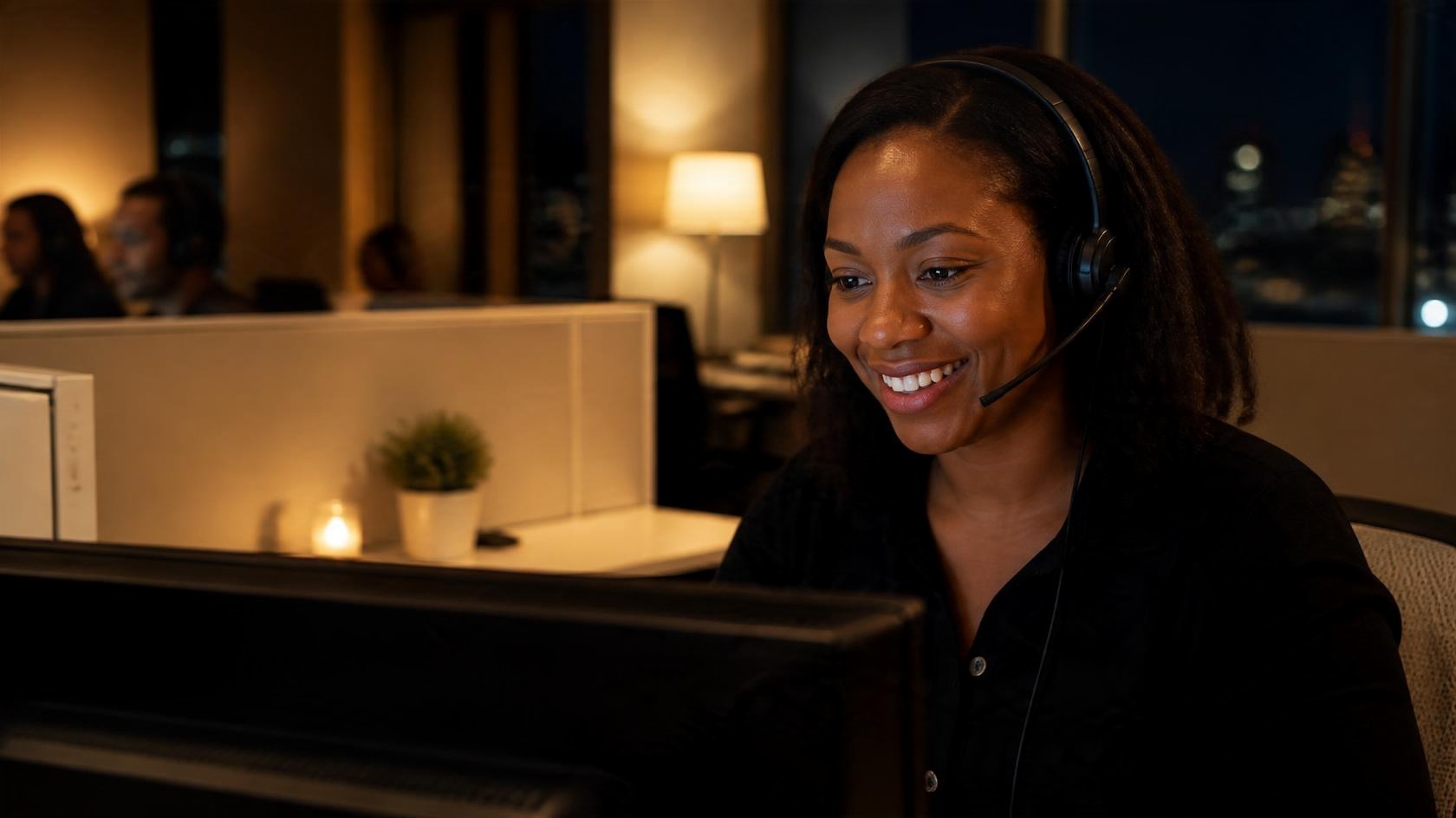 Smiling live answering service agent working the night shift Smiling live answering service agent working the night shift