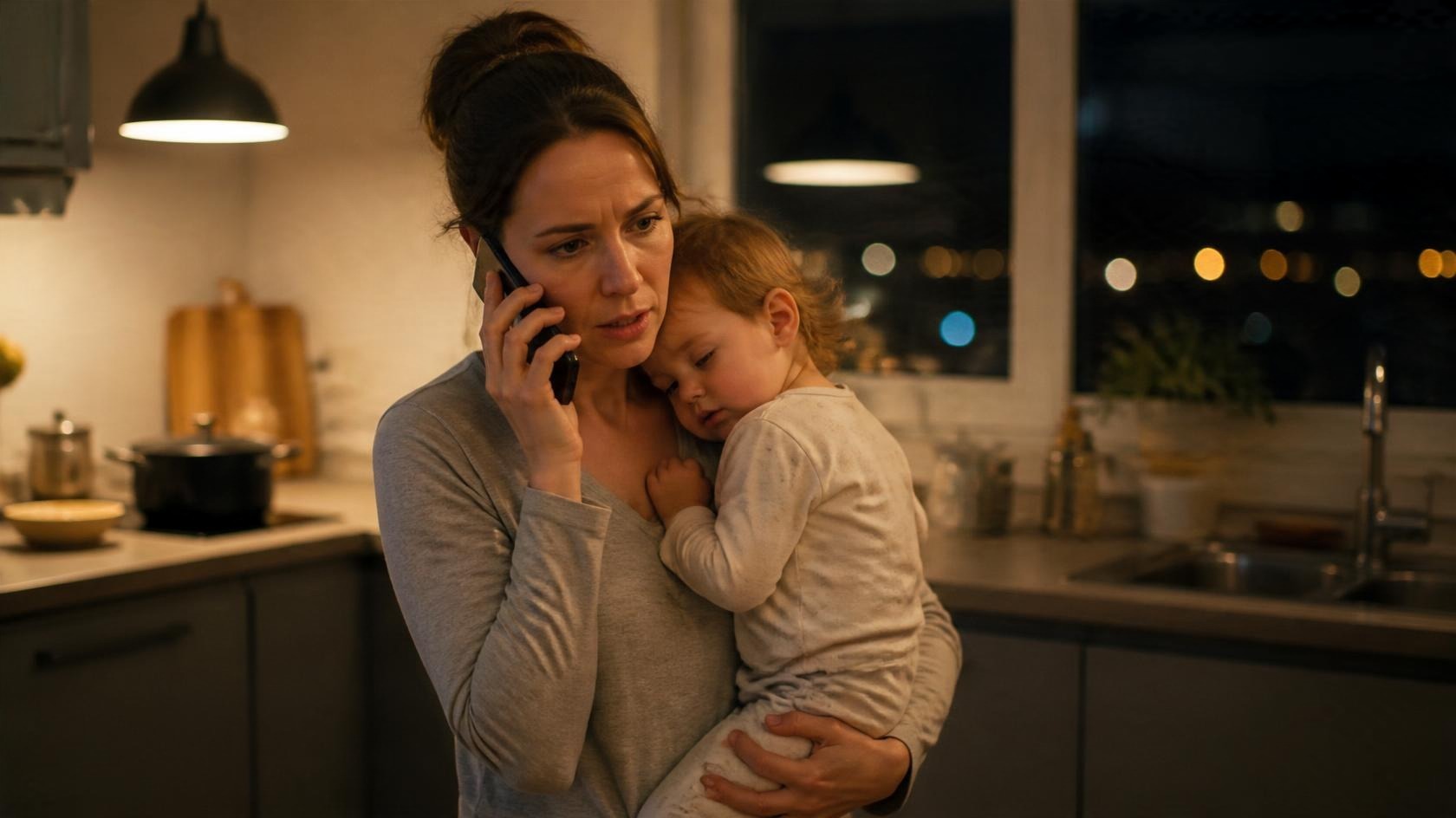 Mother holding her toddler at night while calling the doctor's office