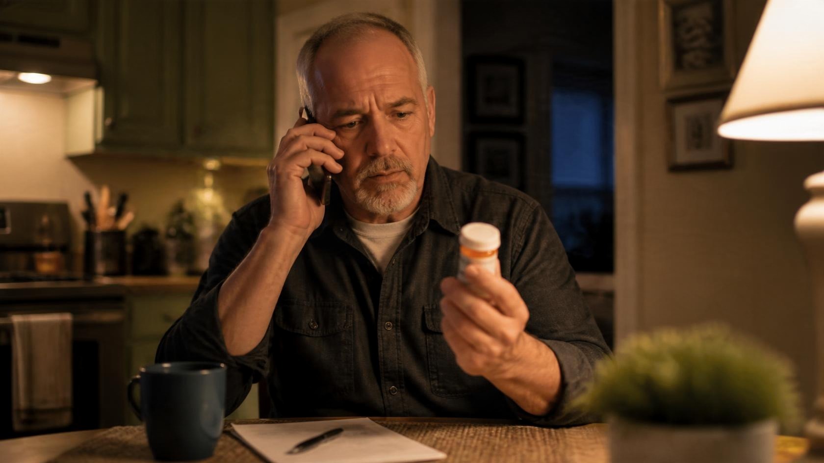 Man holding a prescription bottle while making an evening phone call