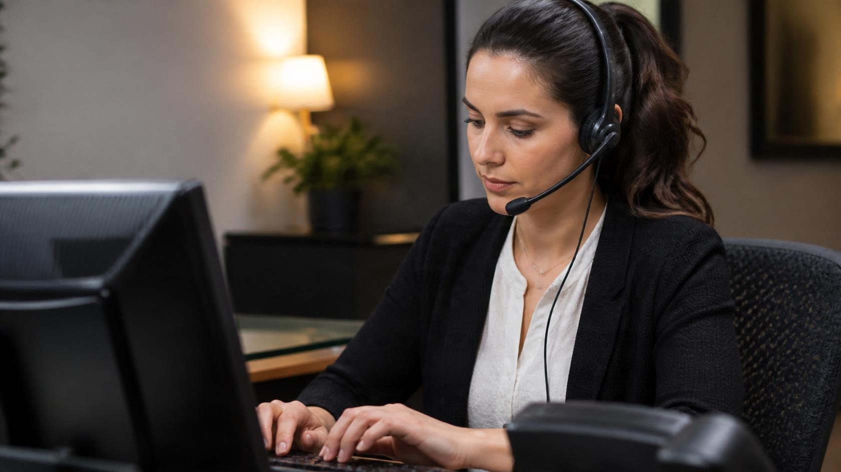 Answering service agent typing a message while listening to a caller
