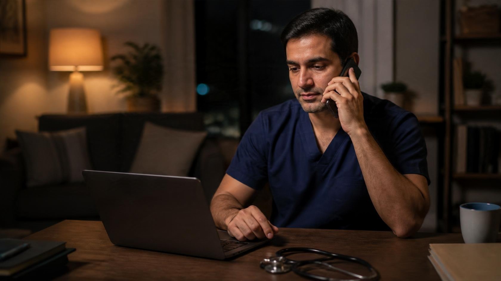 On-call physician answering a phone call at home late at night