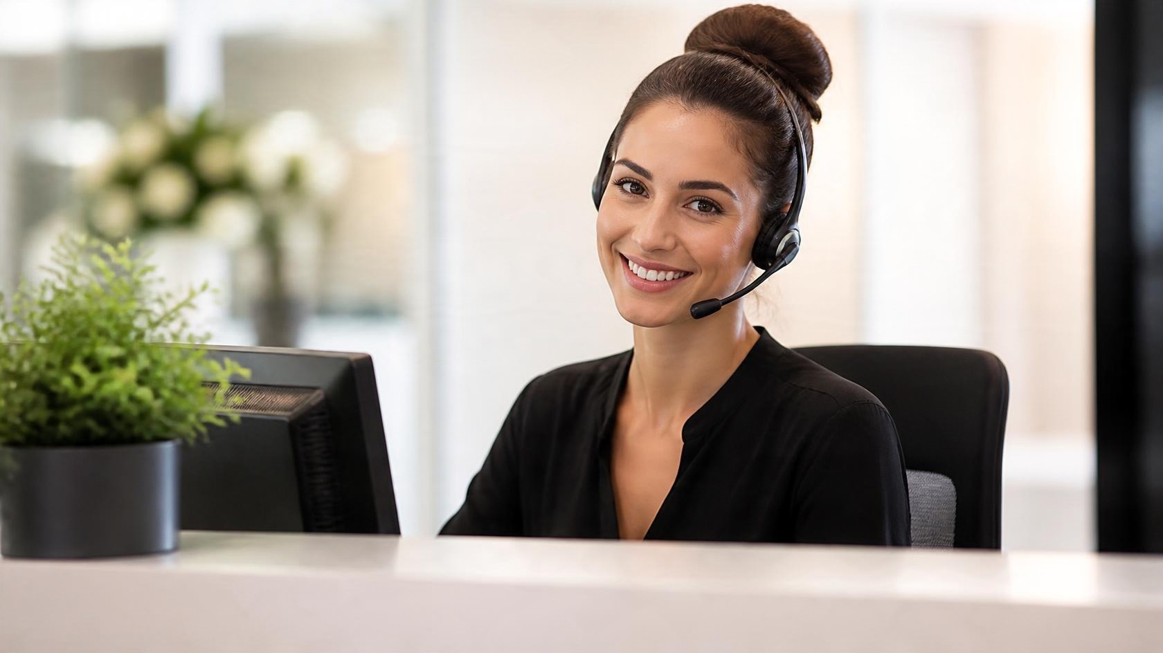 Friendly receptionist with headset greeting a caller