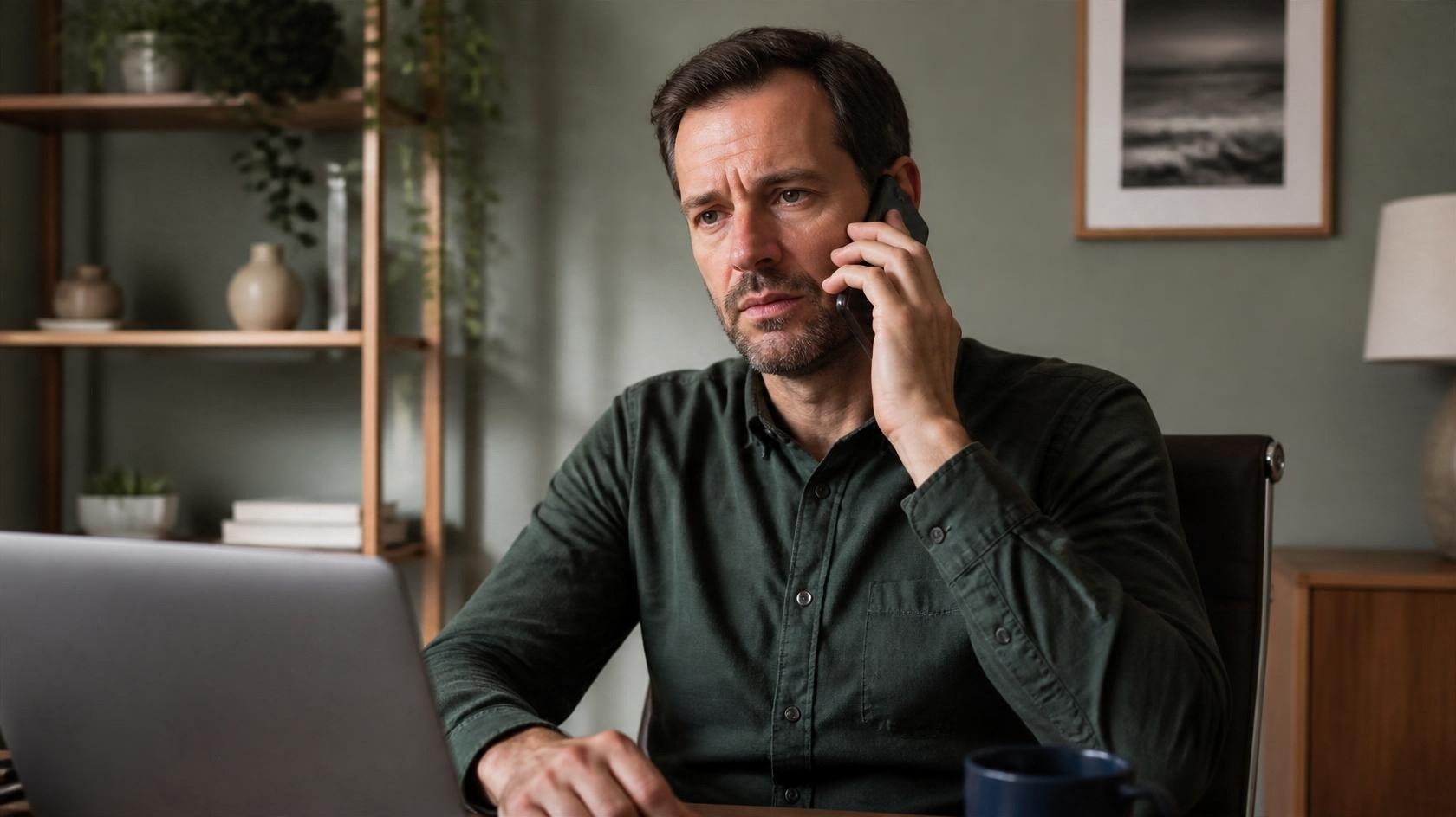 Man looking frustrated while waiting on an automated phone menu Man looking frustrated while waiting on an automated phone menu