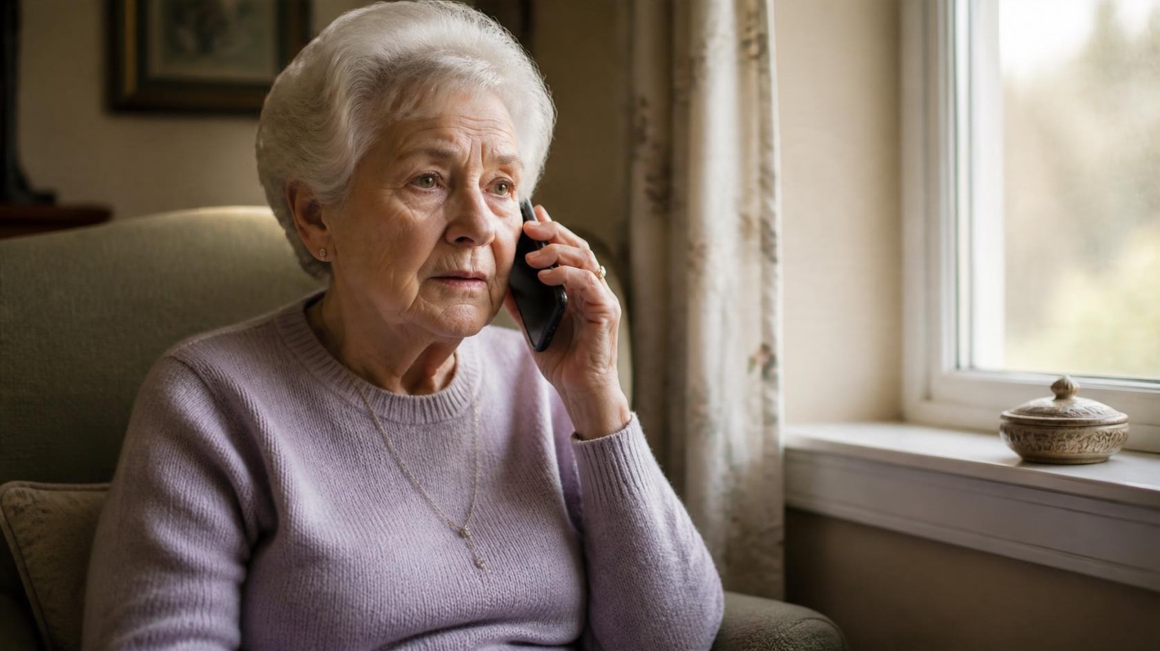 Elderly woman calling her doctor's office with a concerned expression Elderly woman calling her doctor's office with a concerned expression