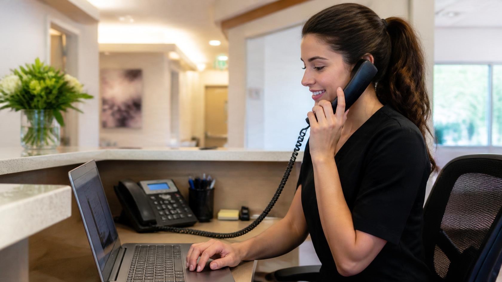 Medical receptionist handling a call with a laptop and desk phone Medical receptionist handling a call with a laptop and desk phone