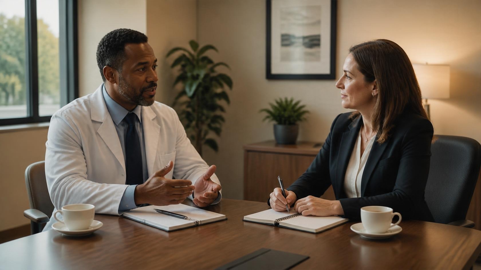 Physician and practice manager discussing their phone process Physician and practice manager discussing their phone process
