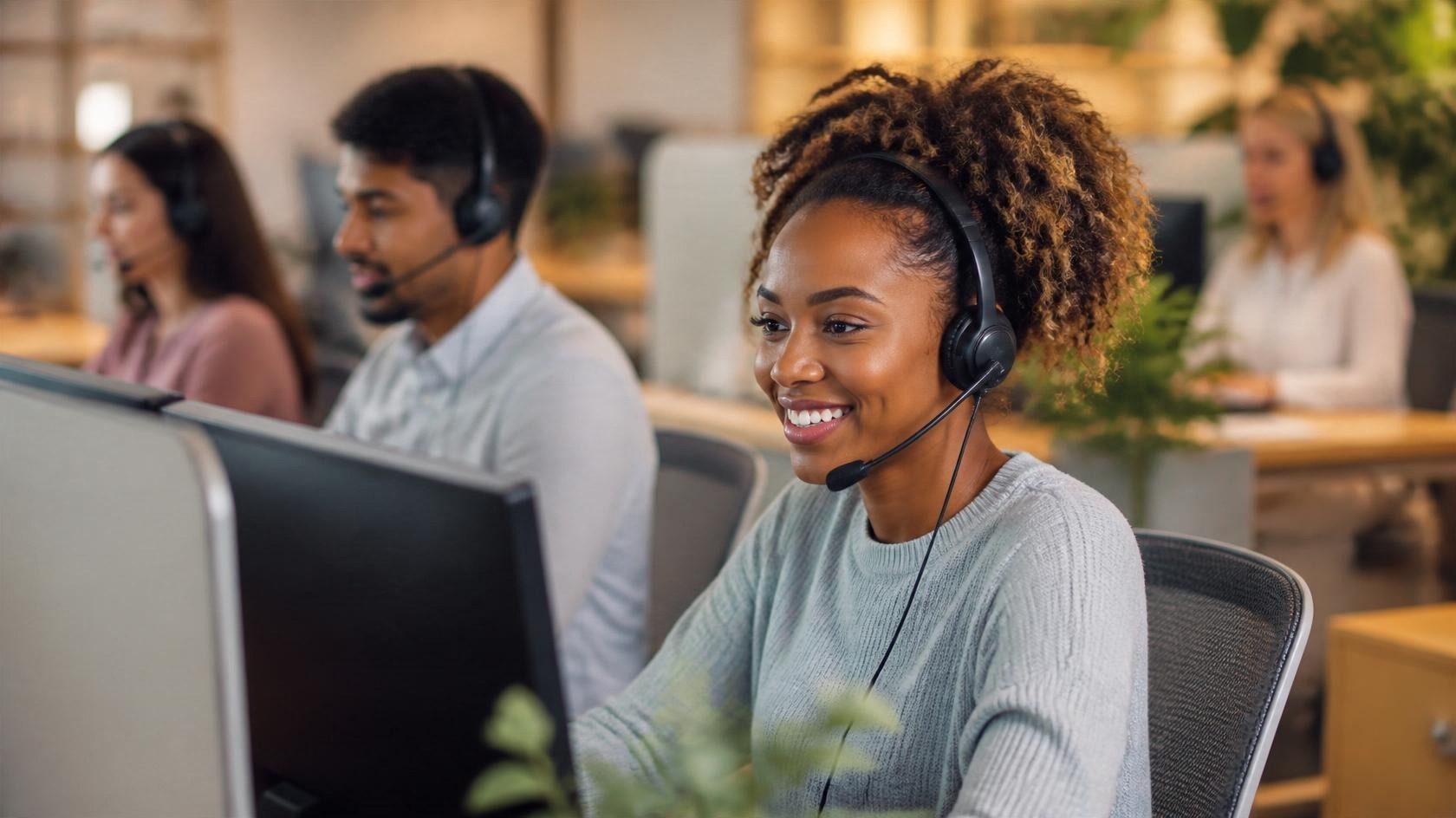 Team of live answering service agents with headsets taking calls Team of live answering service agents with headsets taking calls